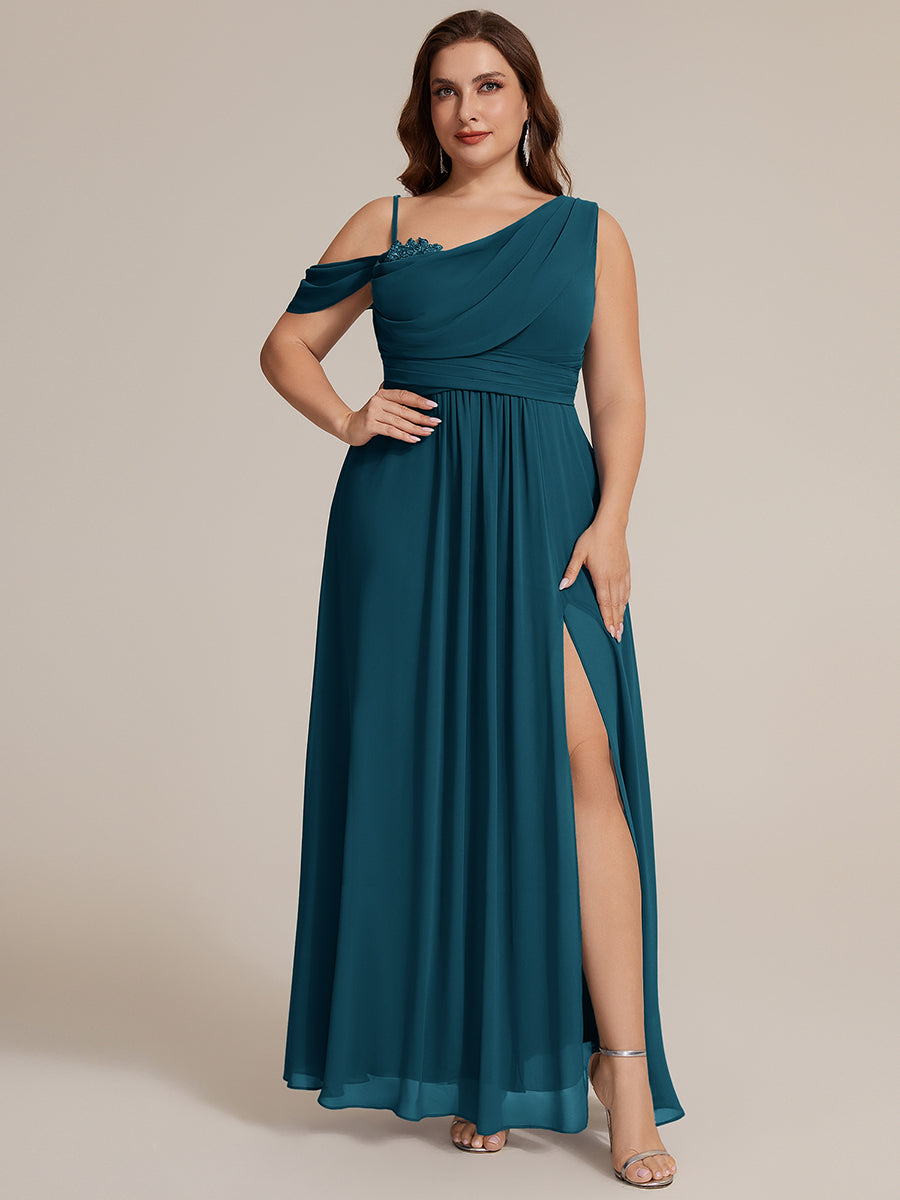 Thigh-High Slit Chiffon Dropped shoulders Bridesmaid Dress #color_Teal Blue