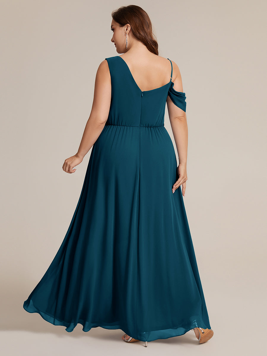 Thigh-High Slit Chiffon Dropped shoulders Bridesmaid Dress #color_Teal Blue