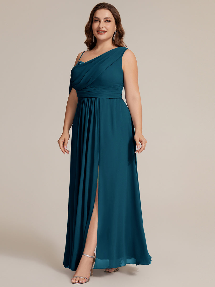 Thigh-High Slit Chiffon Dropped shoulders Bridesmaid Dress #color_Teal Blue