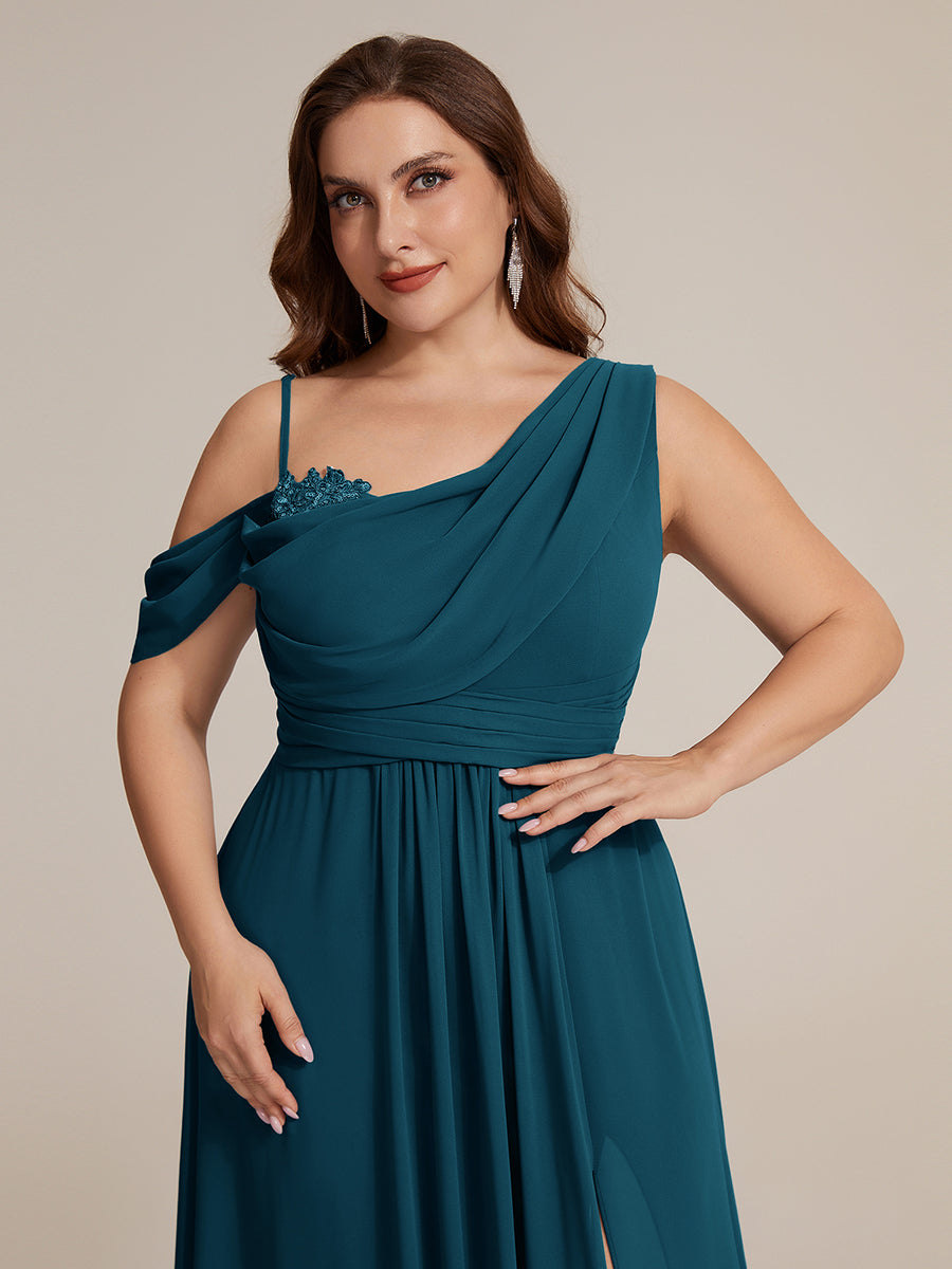 Thigh-High Slit Chiffon Dropped shoulders Bridesmaid Dress #color_Teal Blue