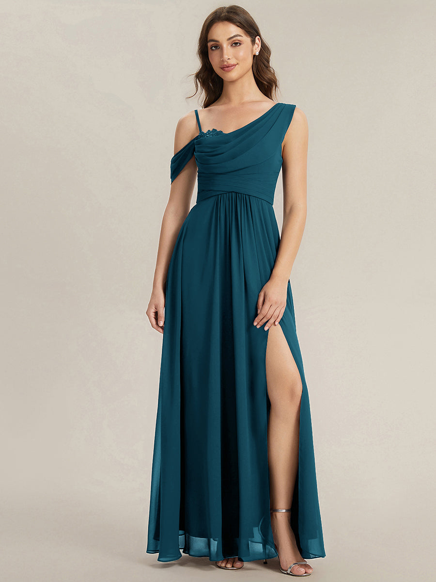 Thigh-High Slit Chiffon Dropped shoulders Bridesmaid Dress #color_Teal Blue