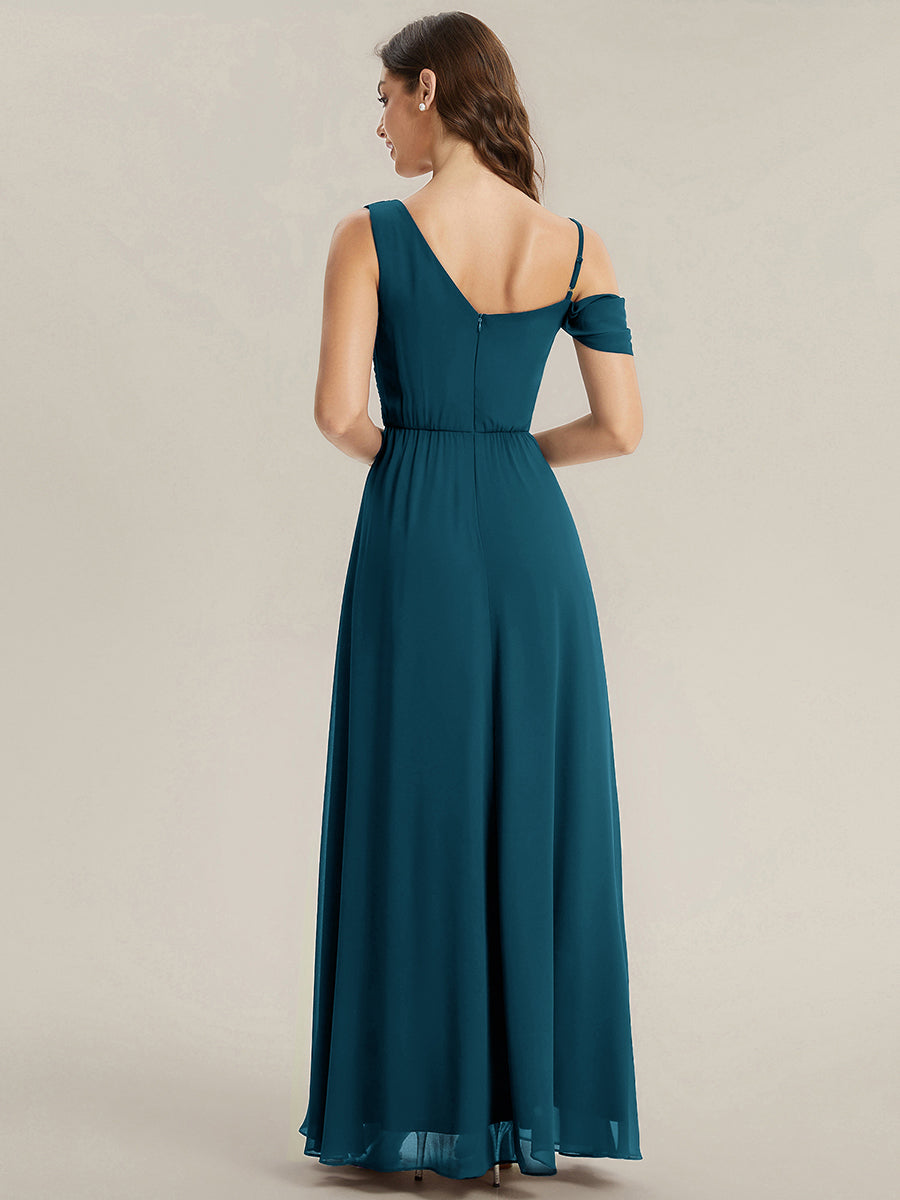Thigh-High Slit Chiffon Dropped shoulders Bridesmaid Dress #color_Teal Blue