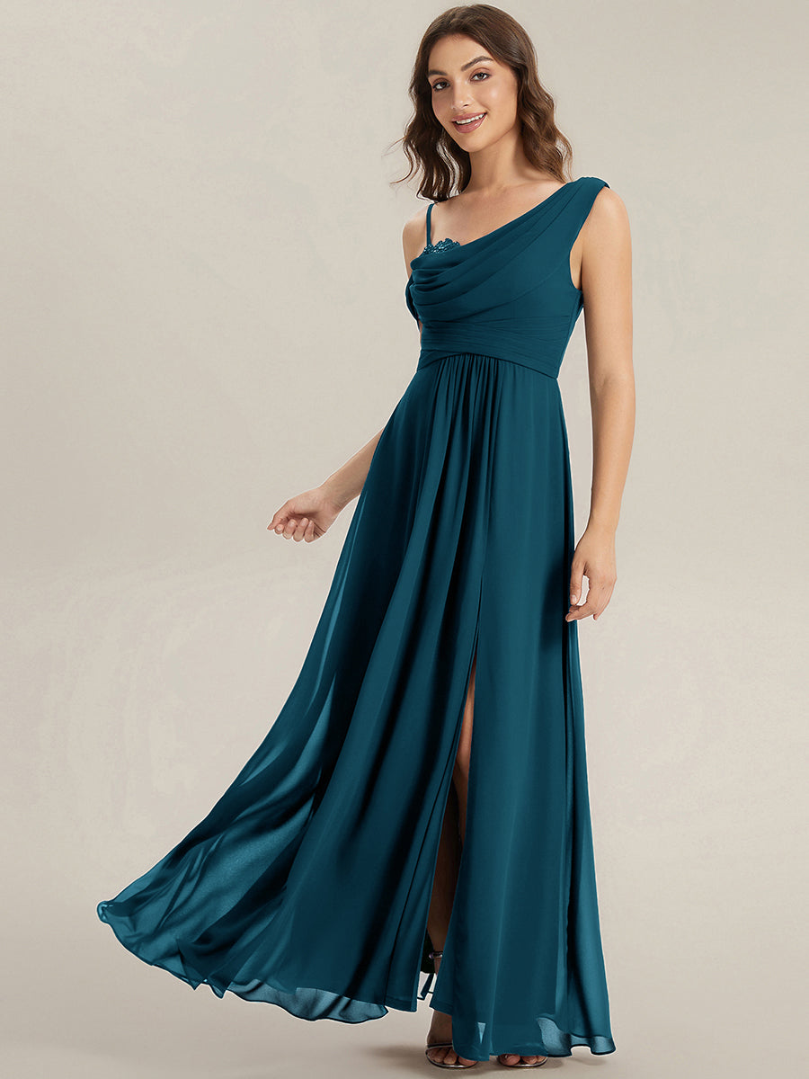 Thigh-High Slit Chiffon Dropped shoulders Bridesmaid Dress #color_Teal Blue
