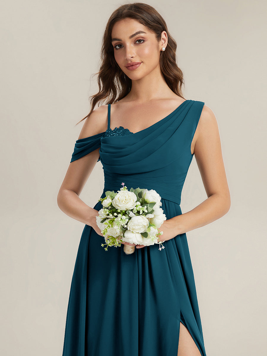 Thigh-High Slit Chiffon Dropped shoulders Bridesmaid Dress #color_Teal Blue