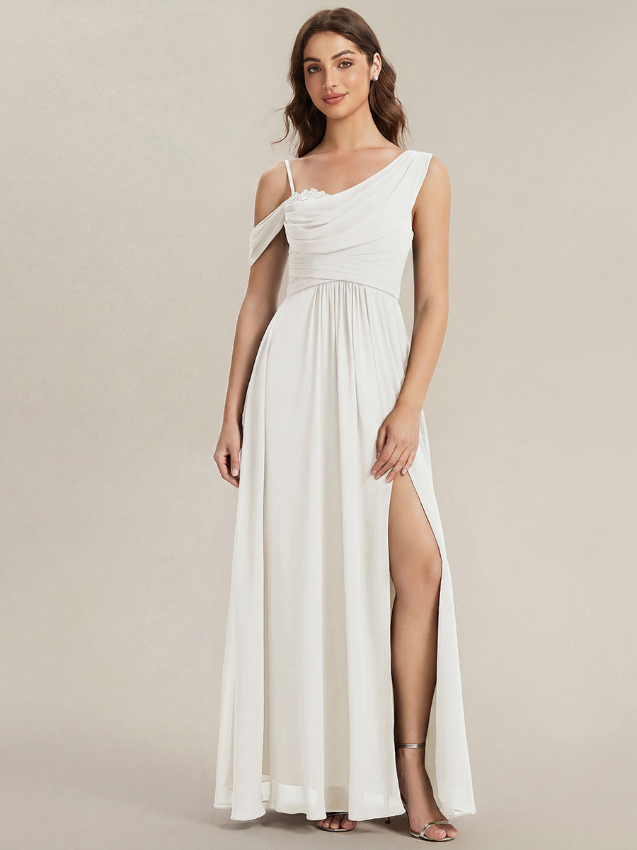 Thigh-High Slit Chiffon Dropped shoulders Bridesmaid Dress #color_White