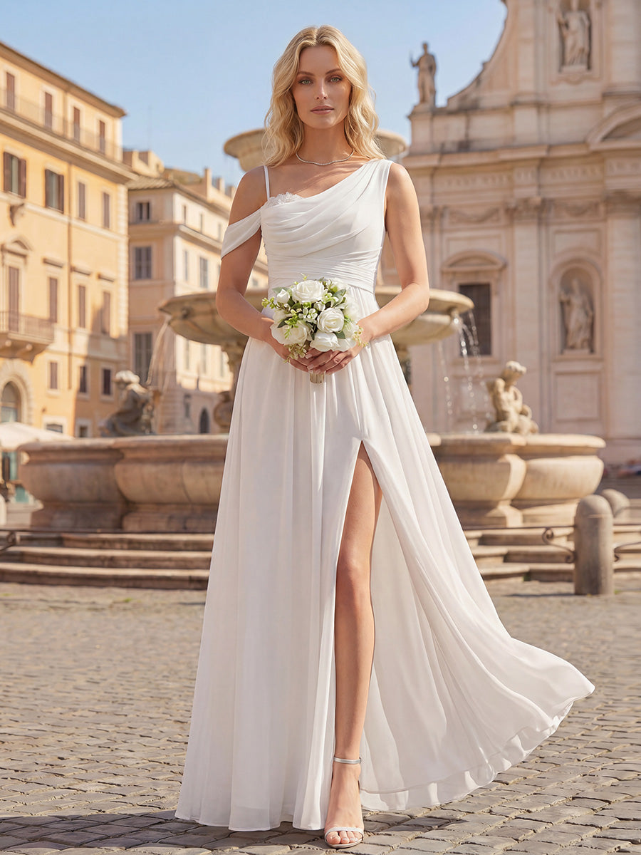 Thigh-High Slit Chiffon Dropped shoulders Bridesmaid Dress #color_White