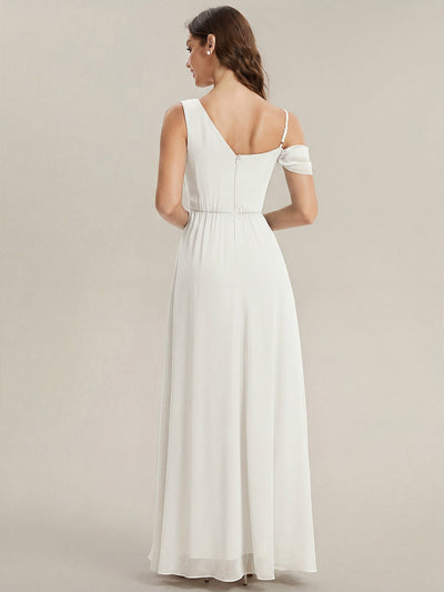 Thigh-High Slit Chiffon Dropped shoulders Bridesmaid Dress #color_White