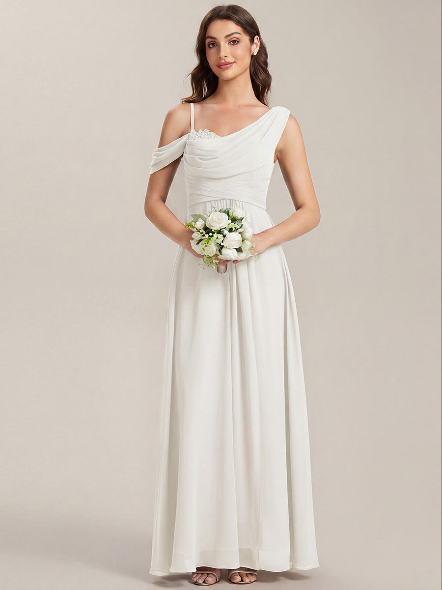 Thigh-High Slit Chiffon Dropped shoulders Bridesmaid Dress #color_White