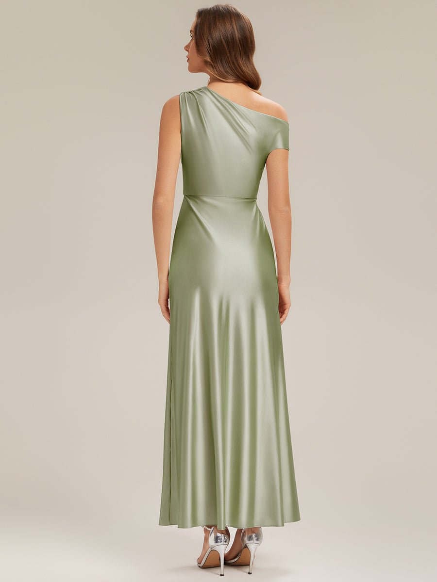 opal bridesmaid dresses Ever-Pretty Stretch Satin One-Shoulder Draped Budget Dress with Drop Shoulder Sleeve shoulder design crafted with