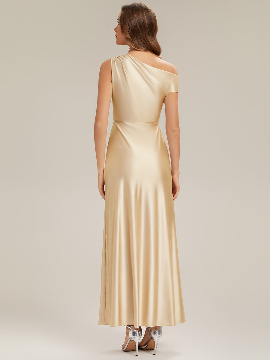 Stretch Satin One-Shoulder Draped Bridesmaid Dress with Drop Shoulder Sleeve 