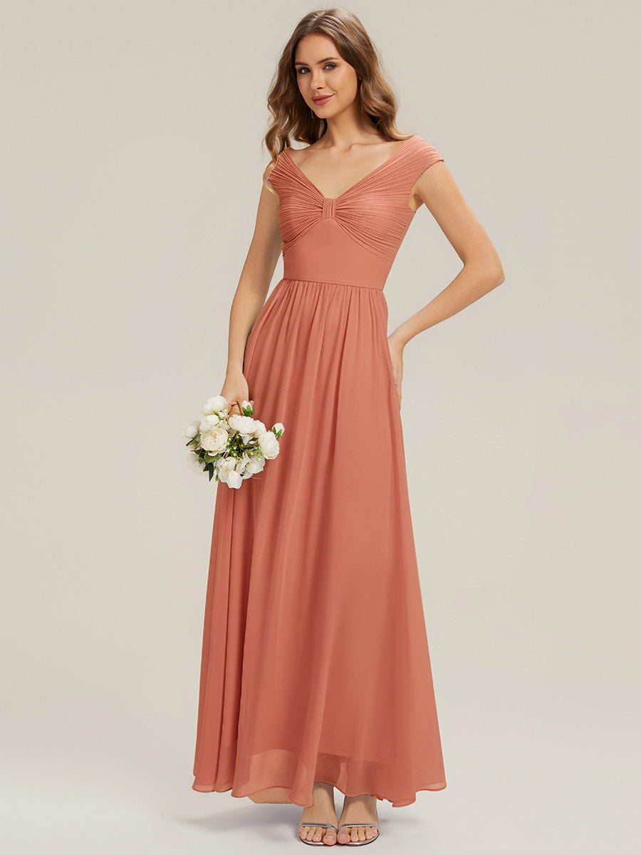 Pleated Chiffon Cap Sleeve Bridesmaid Dress #color_Coral Pink