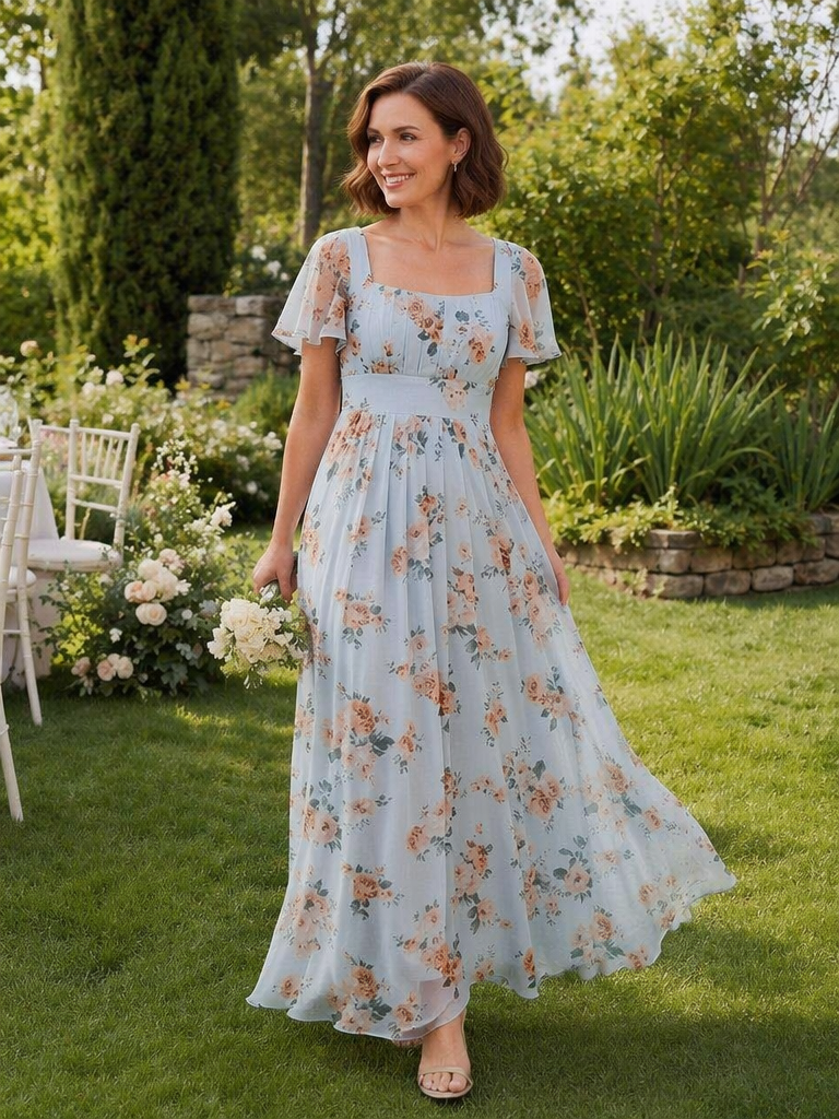 Ruched Chiffon Ruffle Sleeve Bridesmaid Dress #color_Amber Bloom