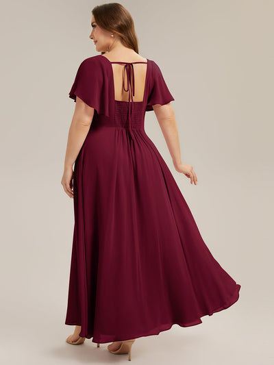 Plus Size Square Neck Chiffon Ruffle Sleeve Bridesmaid Dress #color_Burgundy