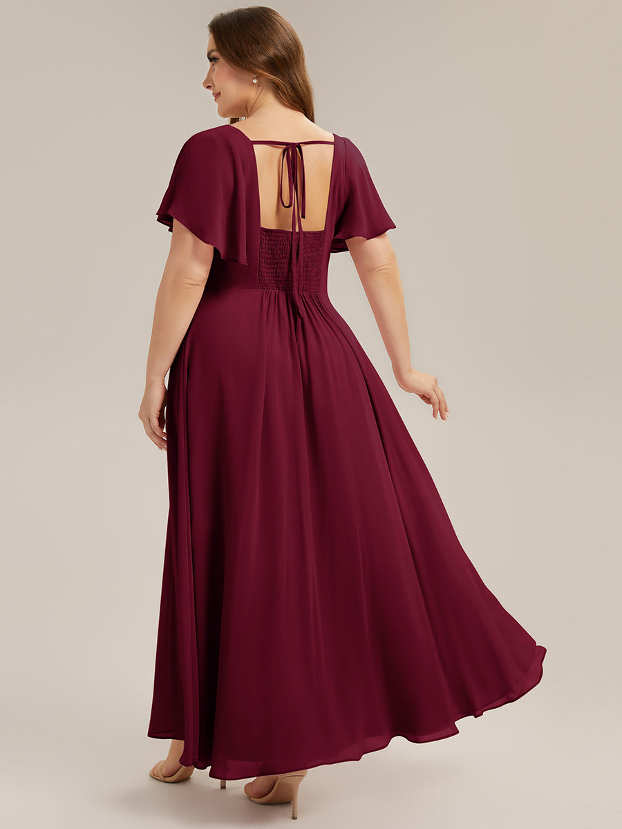 Plus Size Square Neck Chiffon Ruffle Sleeve Bridesmaid Dress #color_Burgundy
