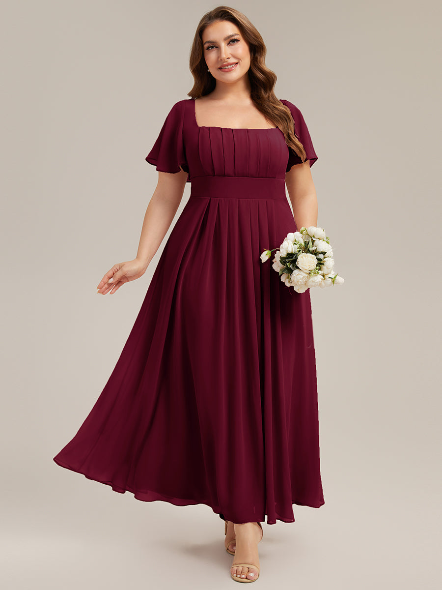 Plus Size Square Neck Chiffon Ruffle Sleeve Bridesmaid Dress #color_Burgundy