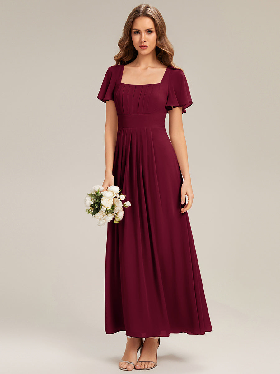Ruched Chiffon Ruffle Sleeve Bridesmaid Dress #color_Burgundy