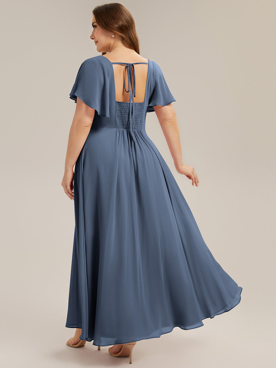 Ruched Chiffon Ruffle Sleeve Bridesmaid Dress #color_Dusty Blue