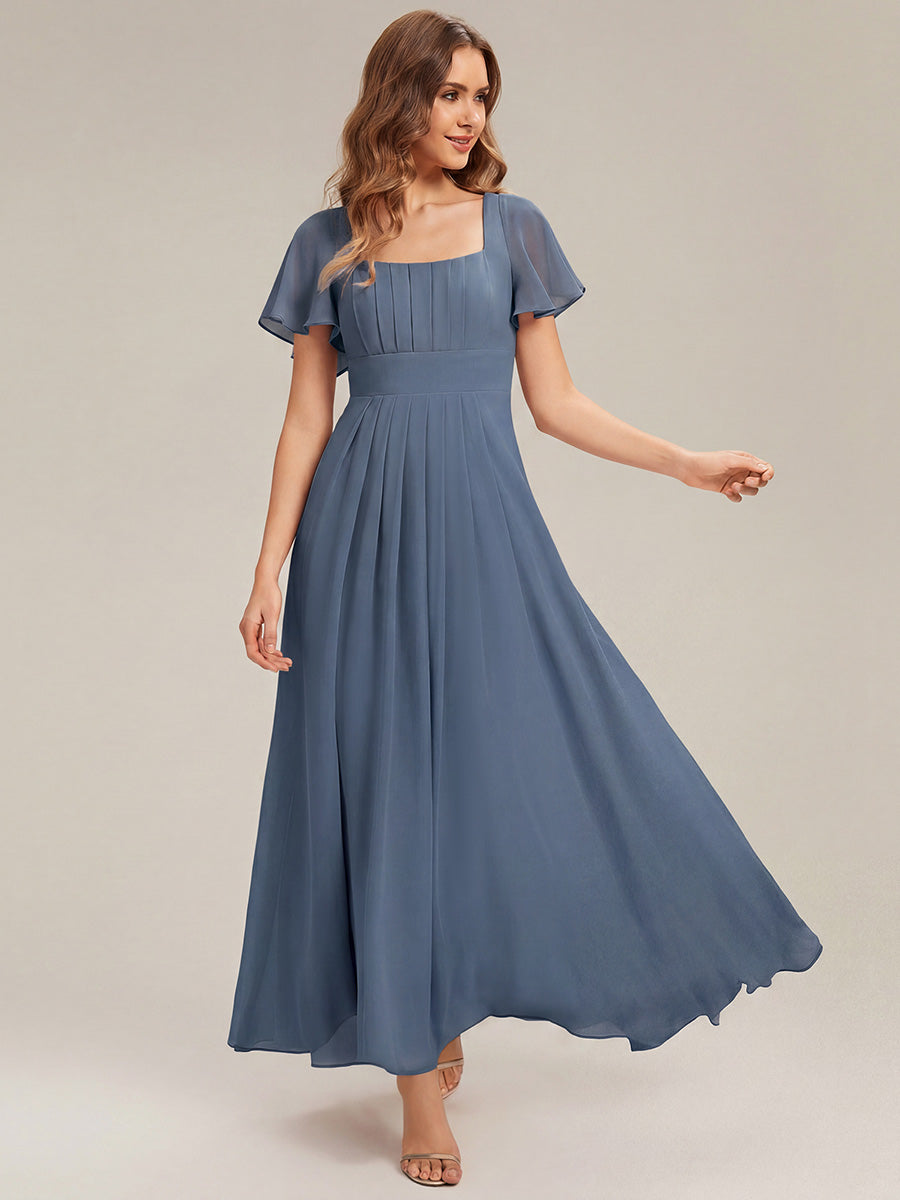 Ruched Chiffon Ruffle Sleeve Bridesmaid Dress #color_Dusty Blue