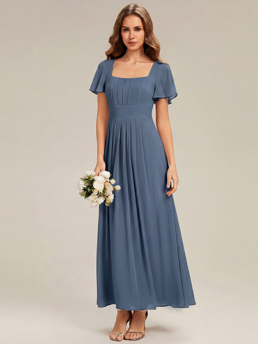 Ruched Chiffon Ruffle Sleeve Bridesmaid Dress #color_Dusty Blue