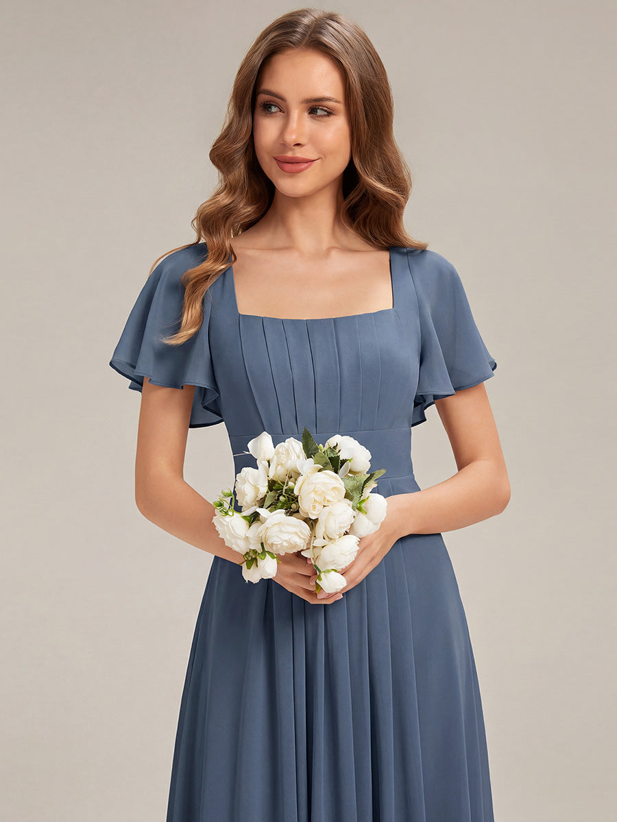 Ruched Chiffon Ruffle Sleeve Bridesmaid Dress #color_Dusty Blue