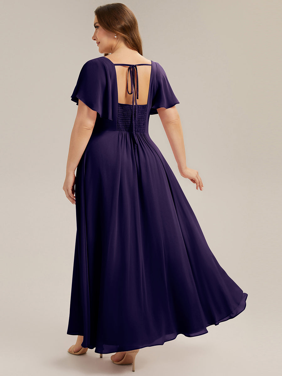 Ruched Chiffon Ruffle Sleeve Bridesmaid Dress #color_Dark Purple