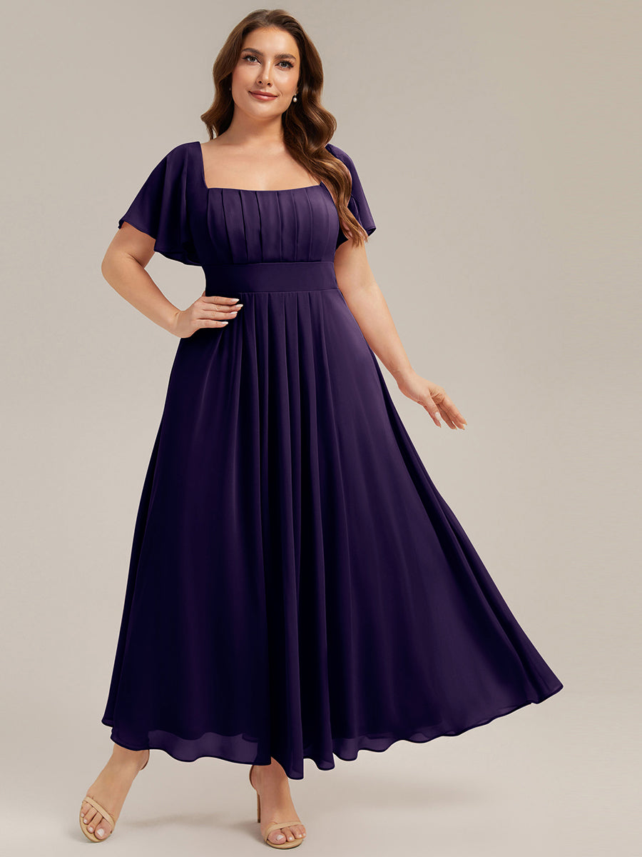 Ruched Chiffon Ruffle Sleeve Bridesmaid Dress #color_Dark Purple