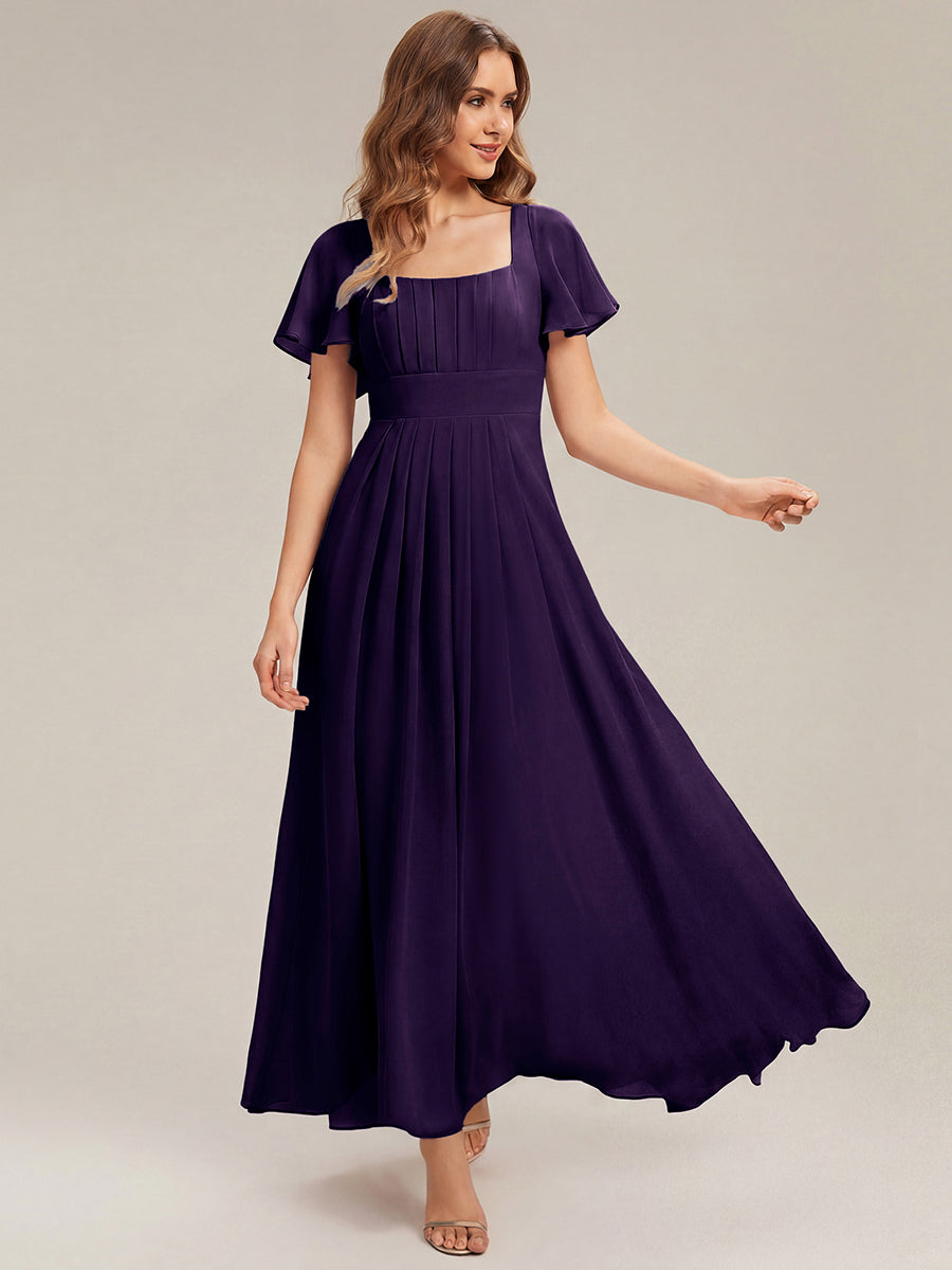 Ruched Chiffon Ruffle Sleeve Bridesmaid Dress #color_Dark Purple