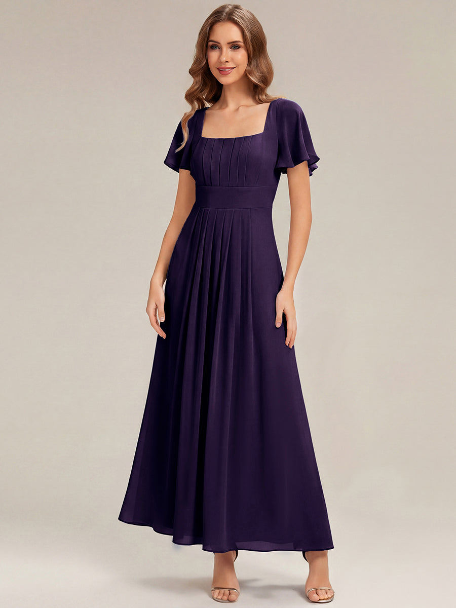 Ruched Chiffon Ruffle Sleeve Bridesmaid Dress #color_Dark Purple