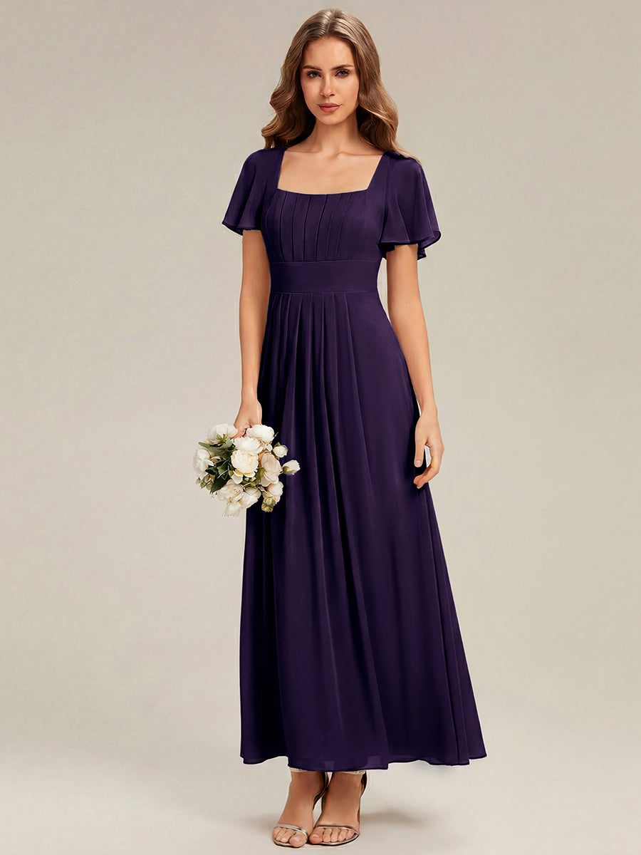 Ruched Chiffon Ruffle Sleeve Bridesmaid Dress #color_Dark Purple