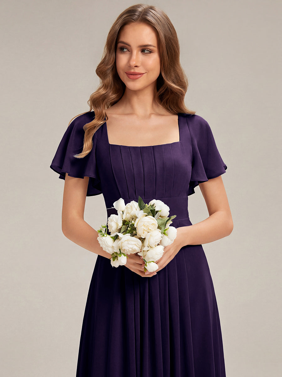 Ruched Chiffon Ruffle Sleeve Bridesmaid Dress #color_Dark Purple