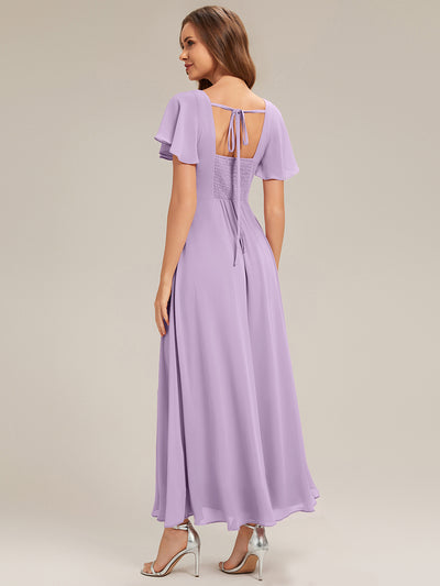 Ruched Chiffon Ruffle Sleeve Bridesmaid Dress #color_Frosted Lilac