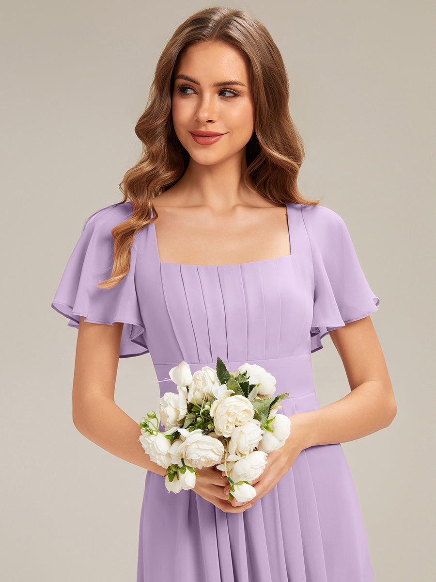 Ruched Chiffon Ruffle Sleeve Bridesmaid Dress #color_Frosted Lilac