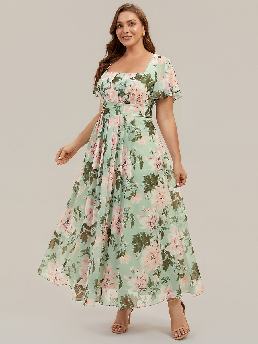 Ruched Chiffon Ruffle Sleeve Bridesmaid Dress #color_Light Green Floral