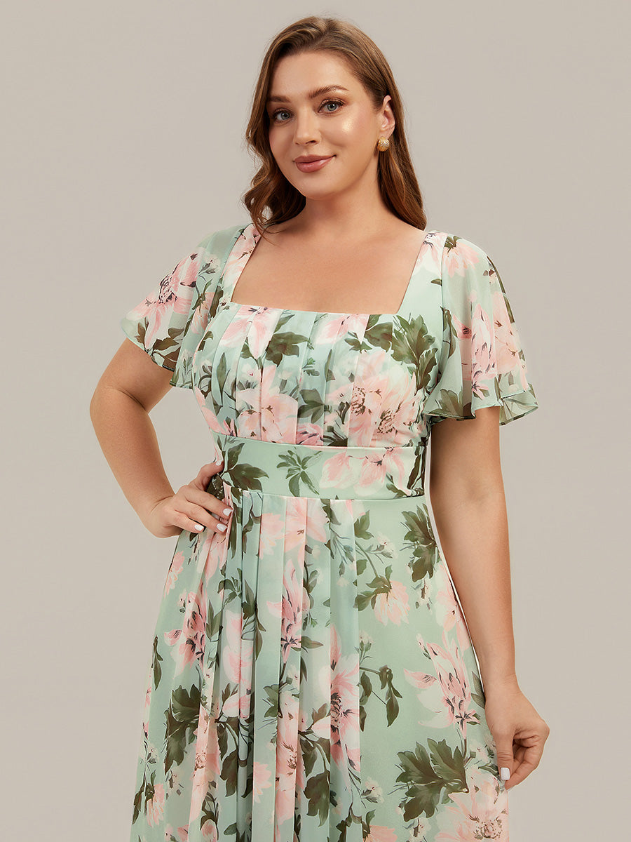 Ruched Chiffon Ruffle Sleeve Bridesmaid Dress #color_Light Green Floral