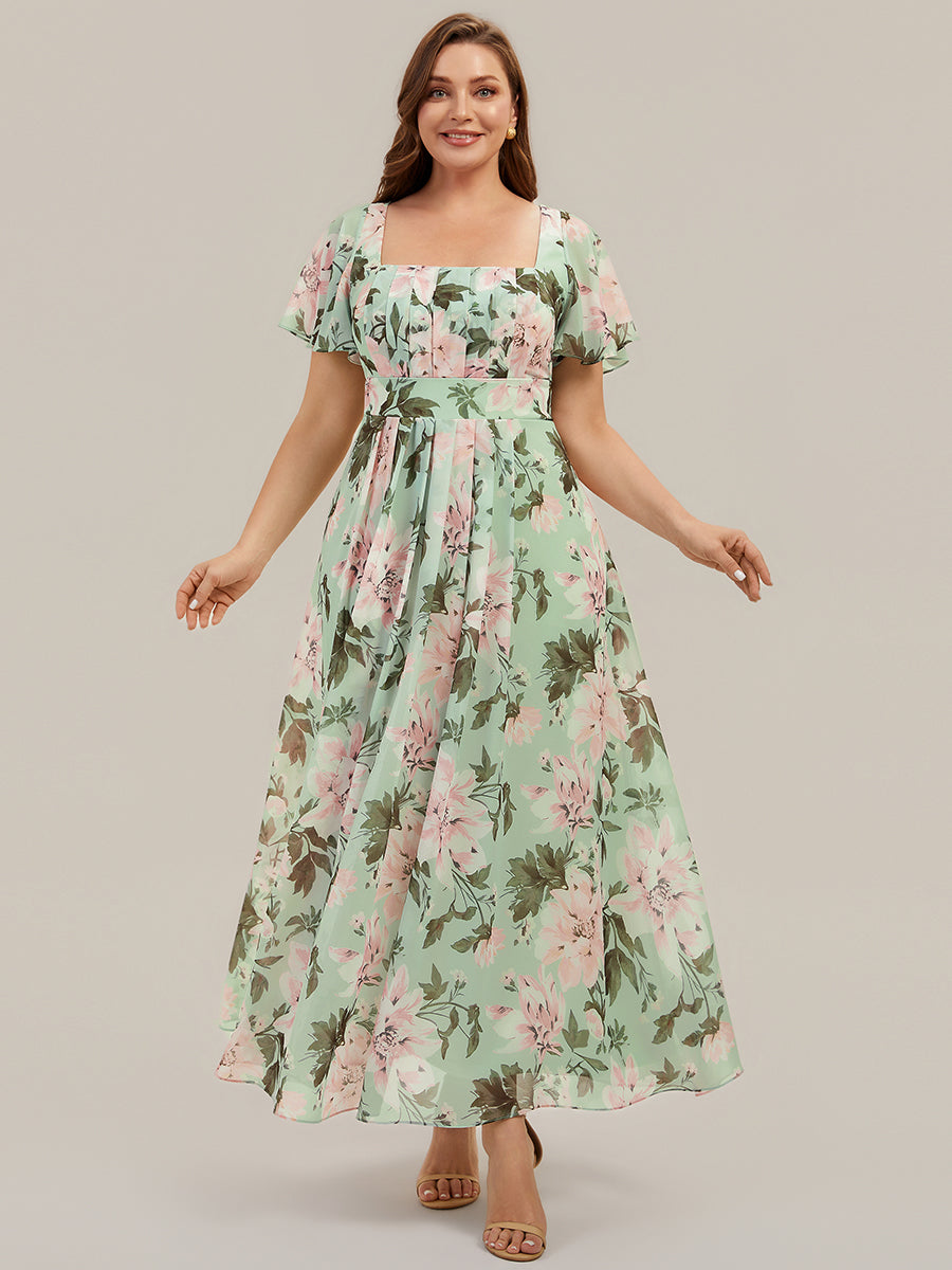 Ruched Chiffon Ruffle Sleeve Bridesmaid Dress #color_Light Green Floral