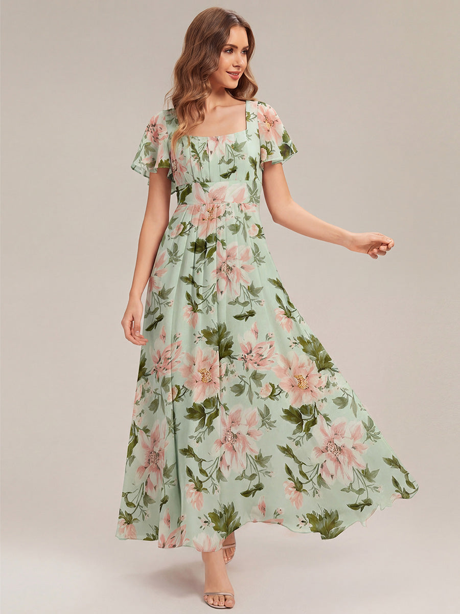 Ruched Chiffon Ruffle Sleeve Bridesmaid Dress #color_Light Green Floral
