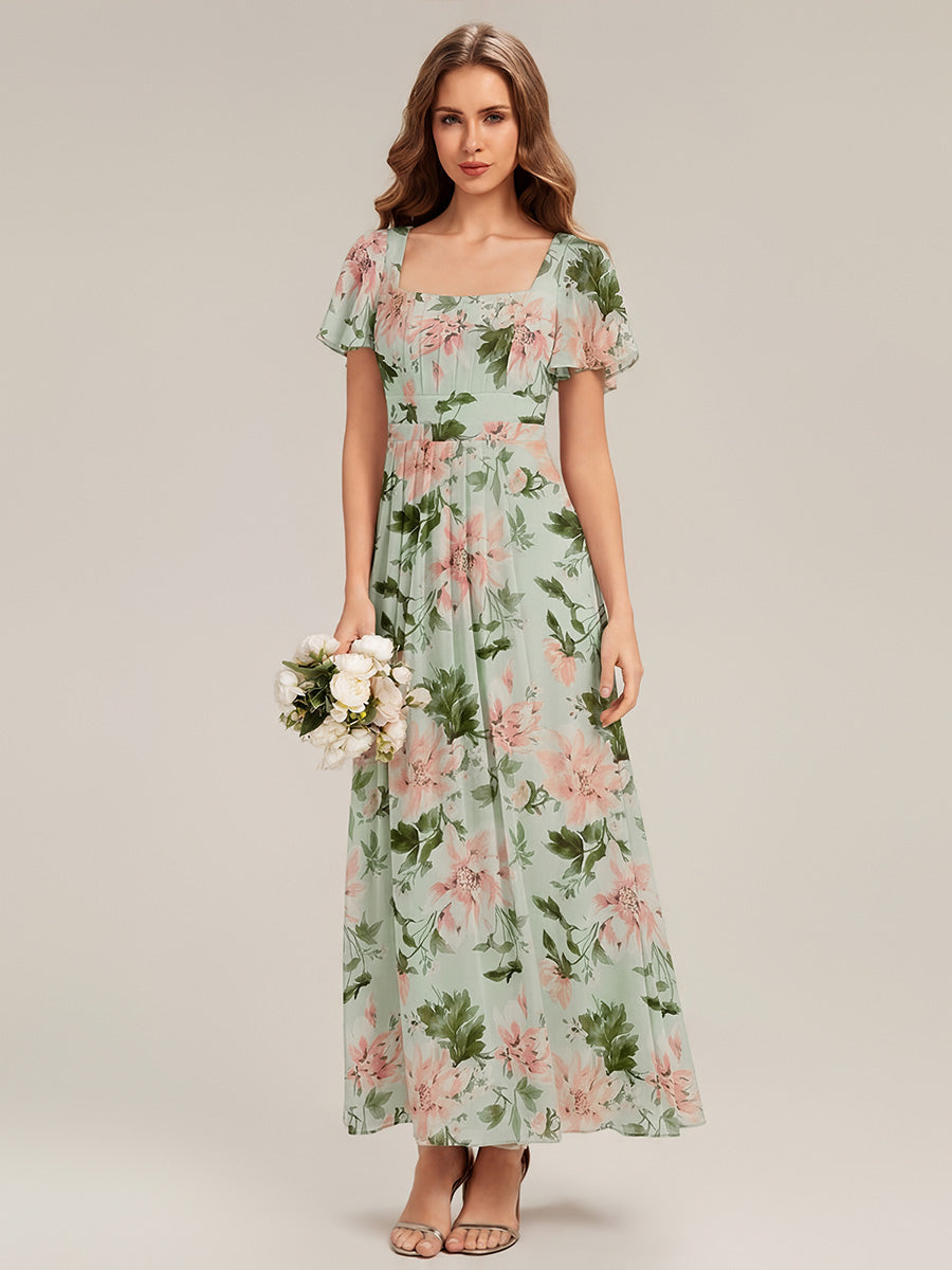 Ruched Chiffon Ruffle Sleeve Bridesmaid Dress #color_Light Green Floral