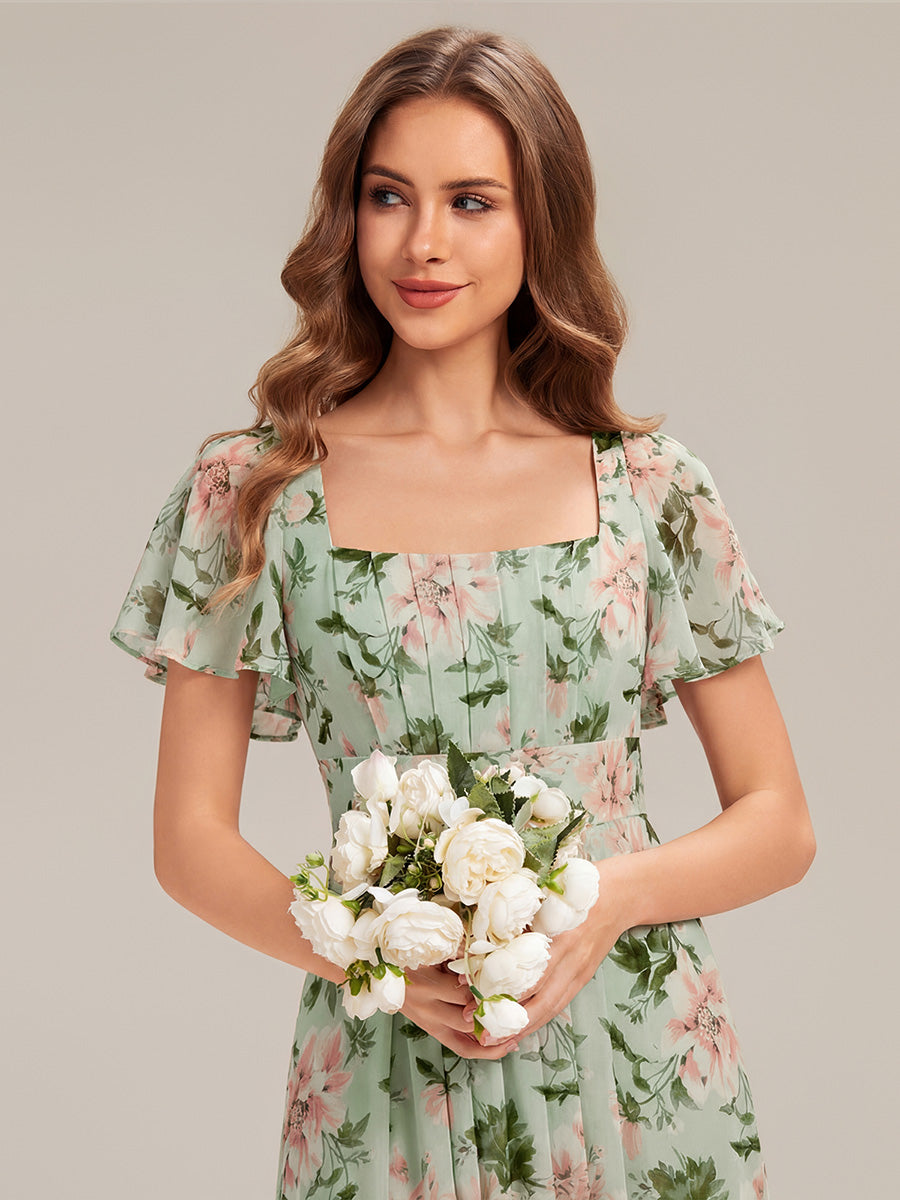 Ruched Chiffon Ruffle Sleeve Bridesmaid Dress #color_Light Green Floral