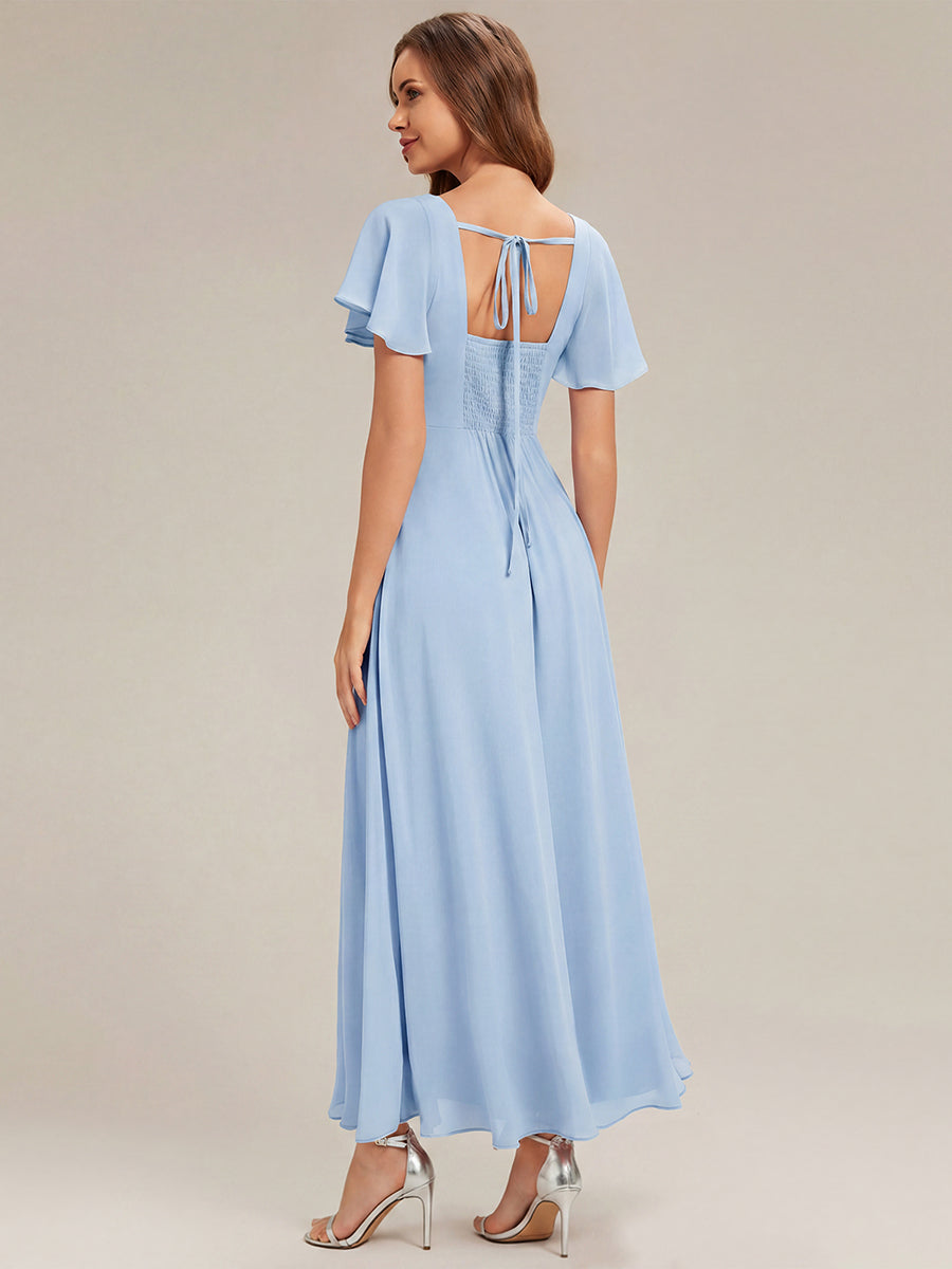 Ruched Chiffon Ruffle Sleeve Bridesmaid Dress #color_Ice Blue