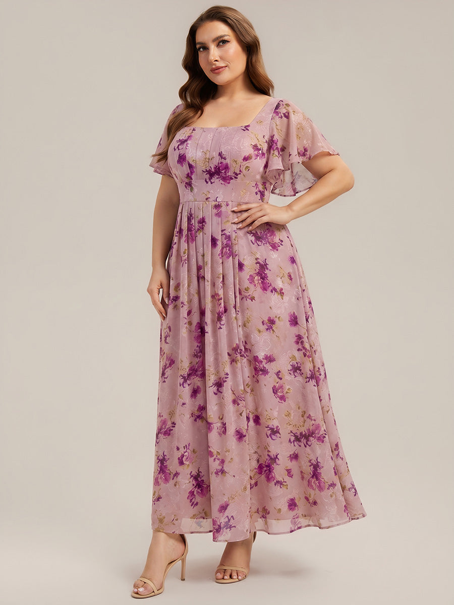 Ruched Chiffon Ruffle Sleeve Bridesmaid Dress #color_Light Purple Print