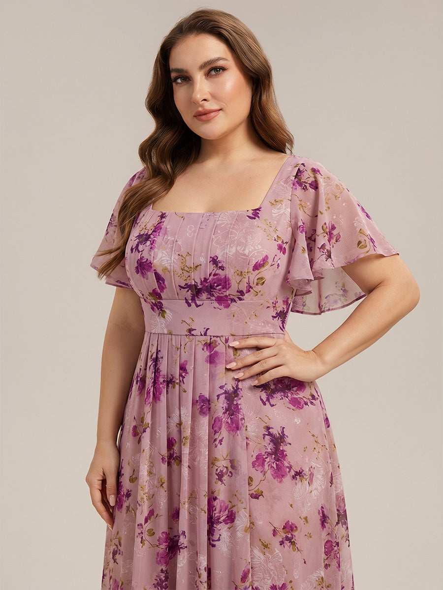 Ruched Chiffon Ruffle Sleeve Bridesmaid Dress #color_Light Purple Print
