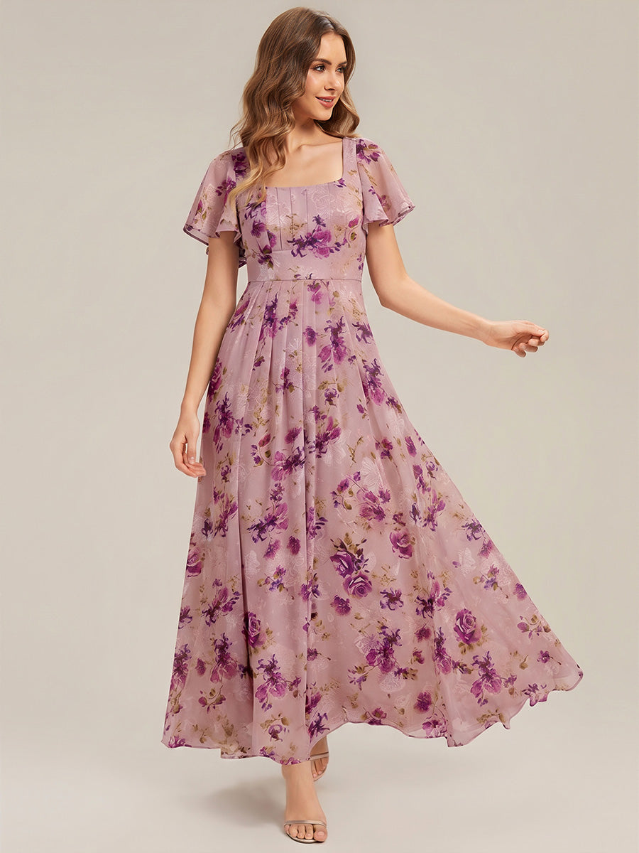 Ruched Chiffon Ruffle Sleeve Bridesmaid Dress #color_Light Purple Print