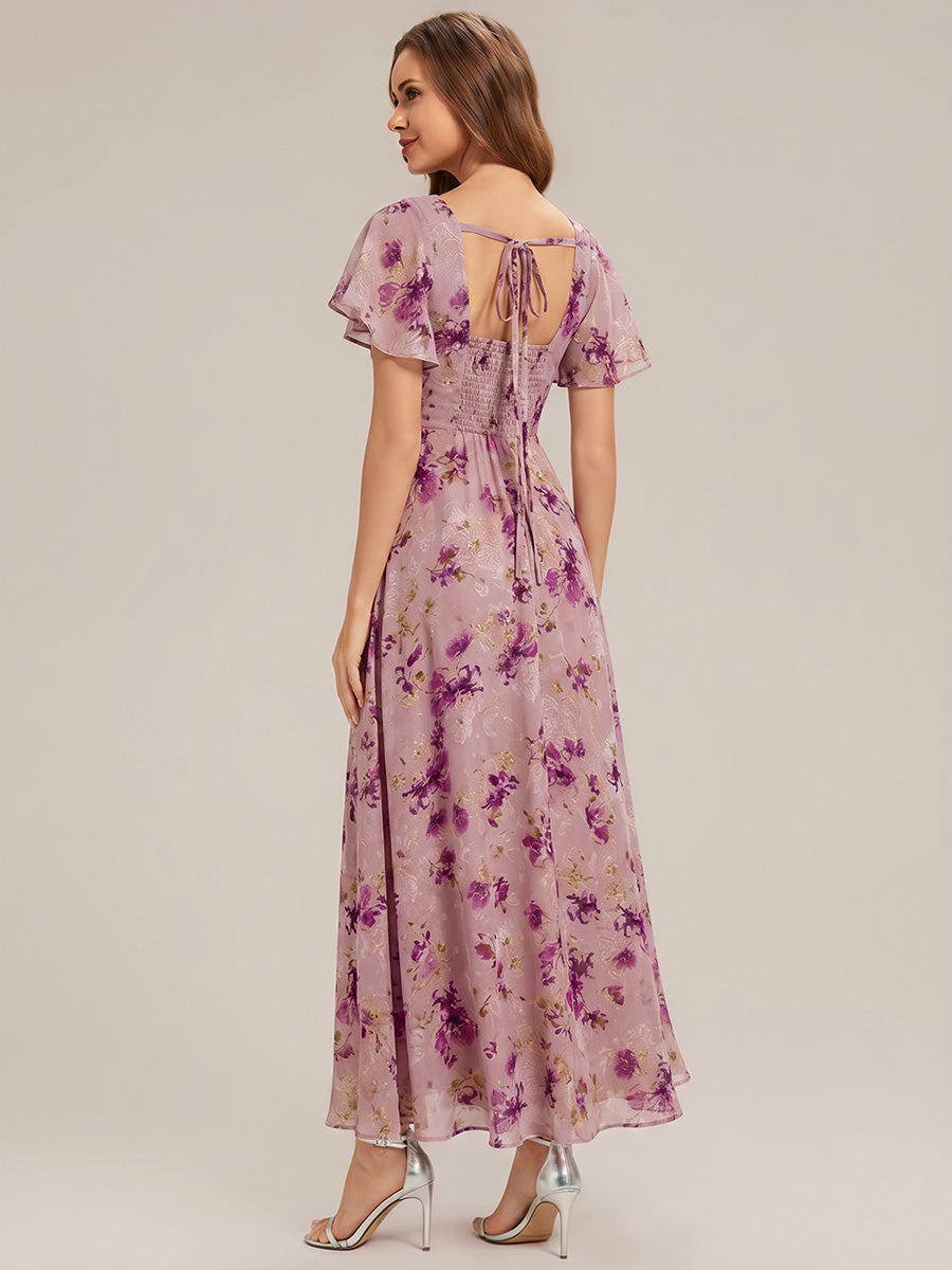 Ruched Chiffon Ruffle Sleeve Bridesmaid Dress #color_Light Purple Print