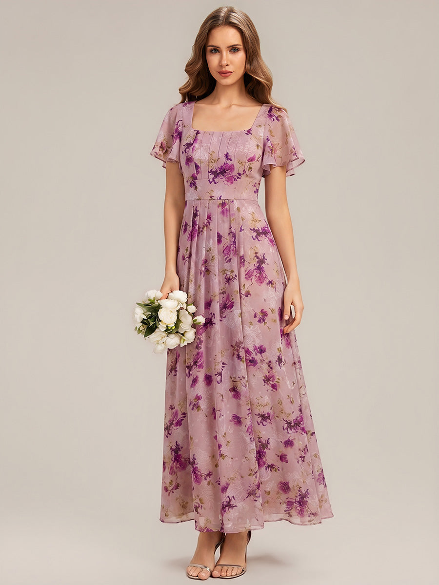 Ruched Chiffon Ruffle Sleeve Bridesmaid Dress #color_Light Purple Print
