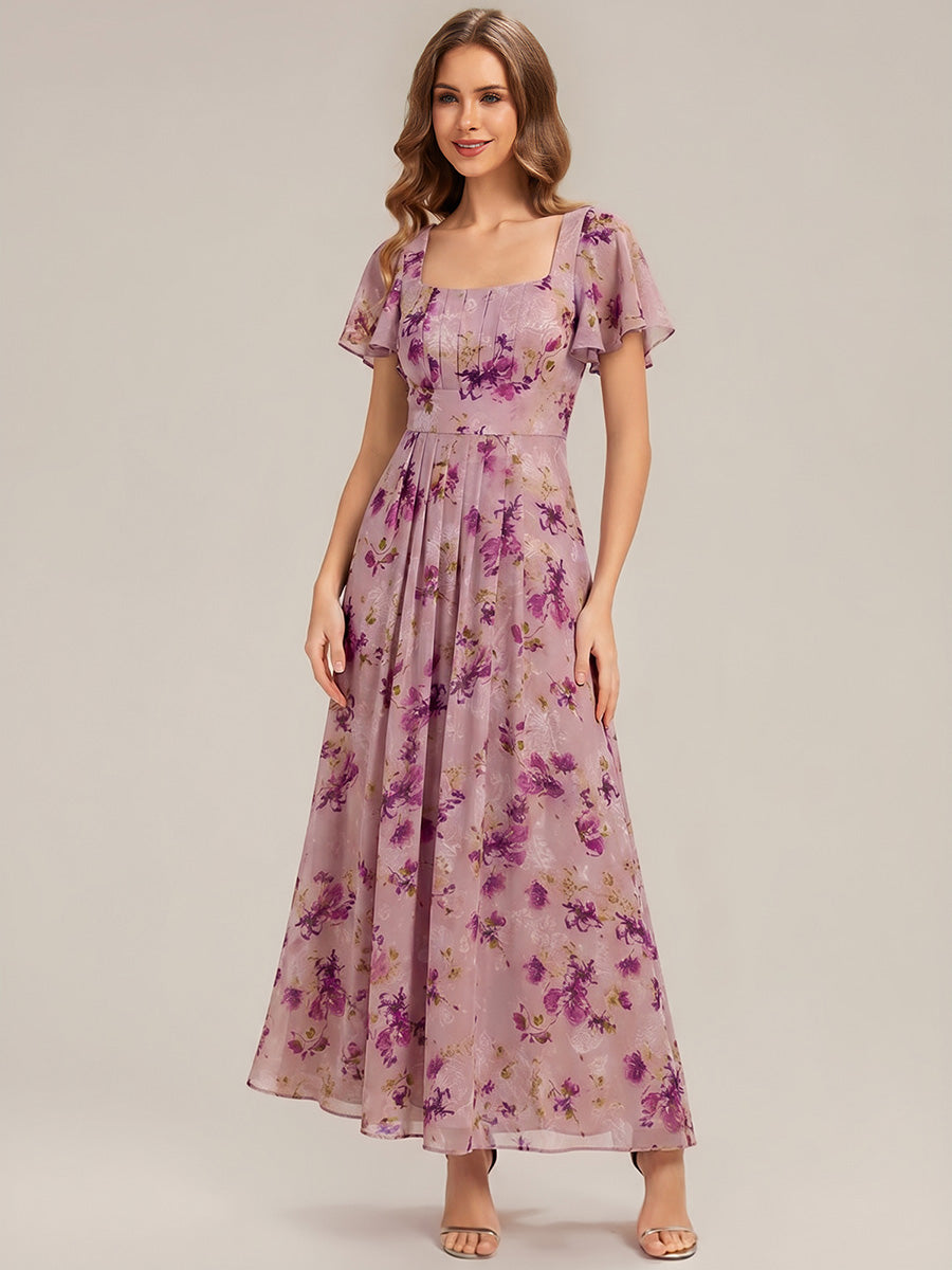 Ruched Chiffon Ruffle Sleeve Bridesmaid Dress #color_Light Purple Print
