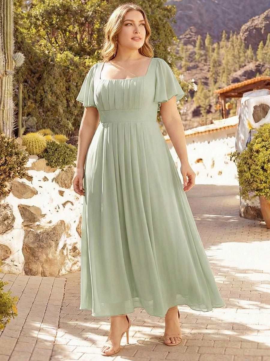 Ruched Chiffon Ruffle Sleeve Bridesmaid Dress #color_Mint Green