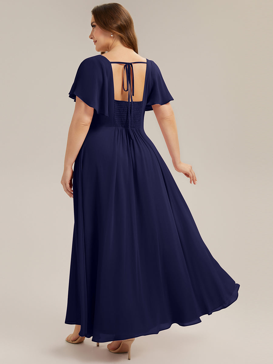 Ruched Chiffon Ruffle Sleeve Bridesmaid Dress #color_Navy Blue