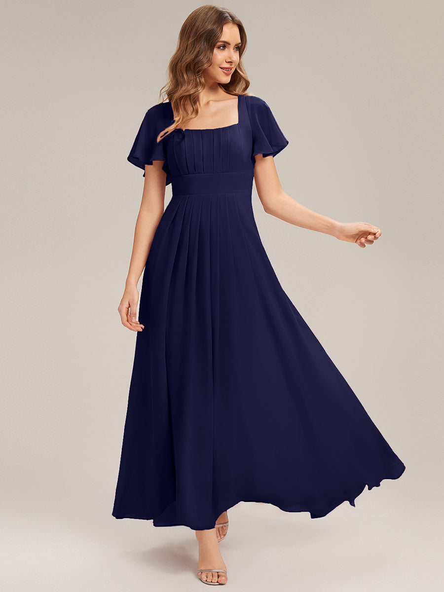 Ruched Chiffon Ruffle Sleeve Bridesmaid Dress #color_Navy Blue
