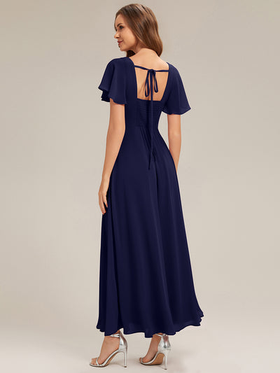 Ruched Chiffon Ruffle Sleeve Bridesmaid Dress #color_Navy Blue
