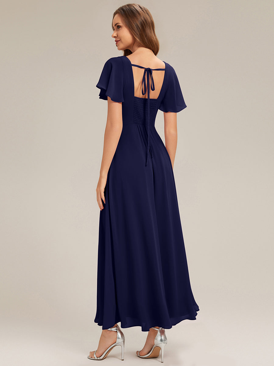 Ruched Chiffon Ruffle Sleeve Bridesmaid Dress #color_Navy Blue